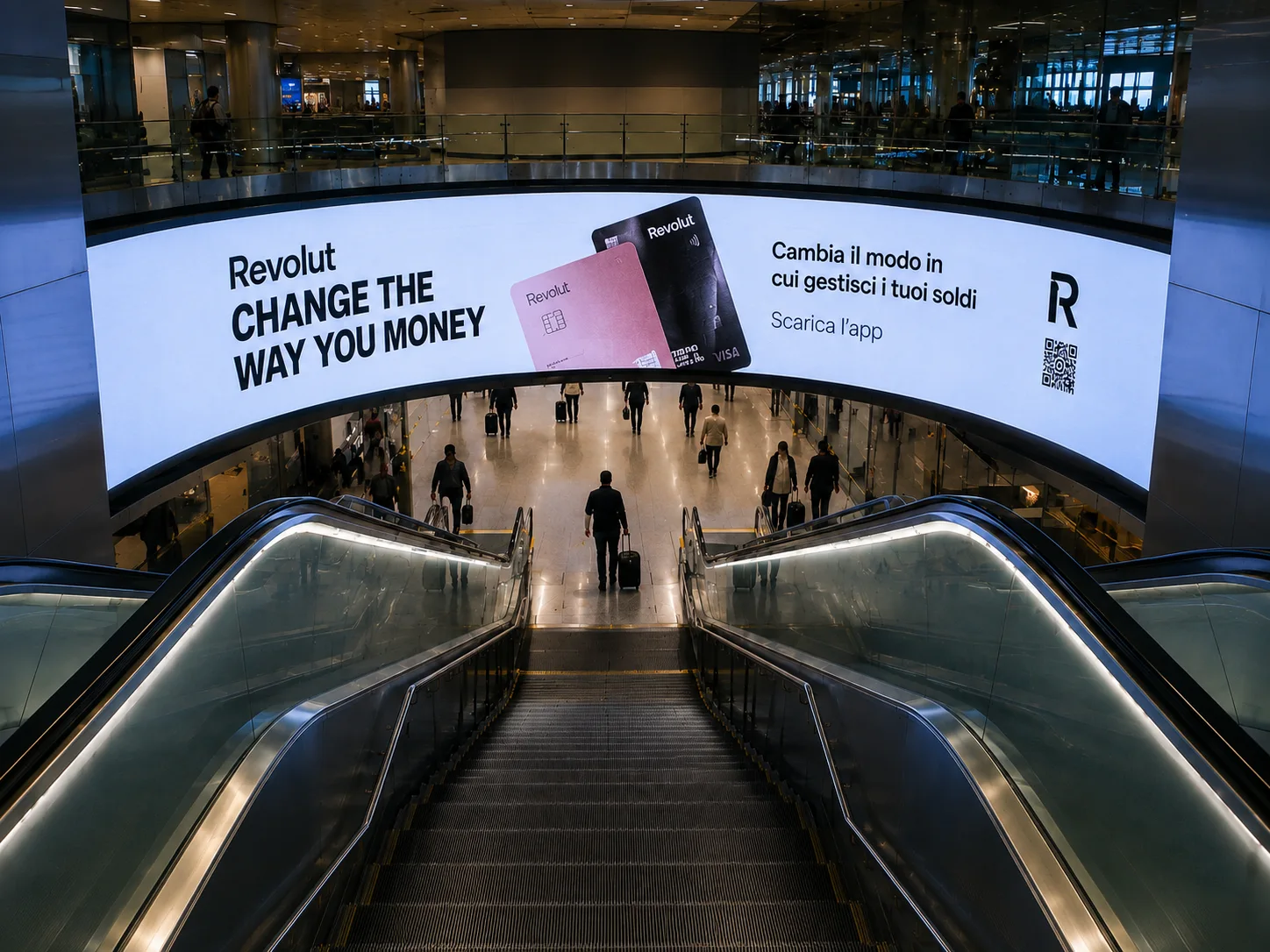 Ledwall circolare pubblicitario nell’area arrivi del Terminal 1 di Roma Fiumicino