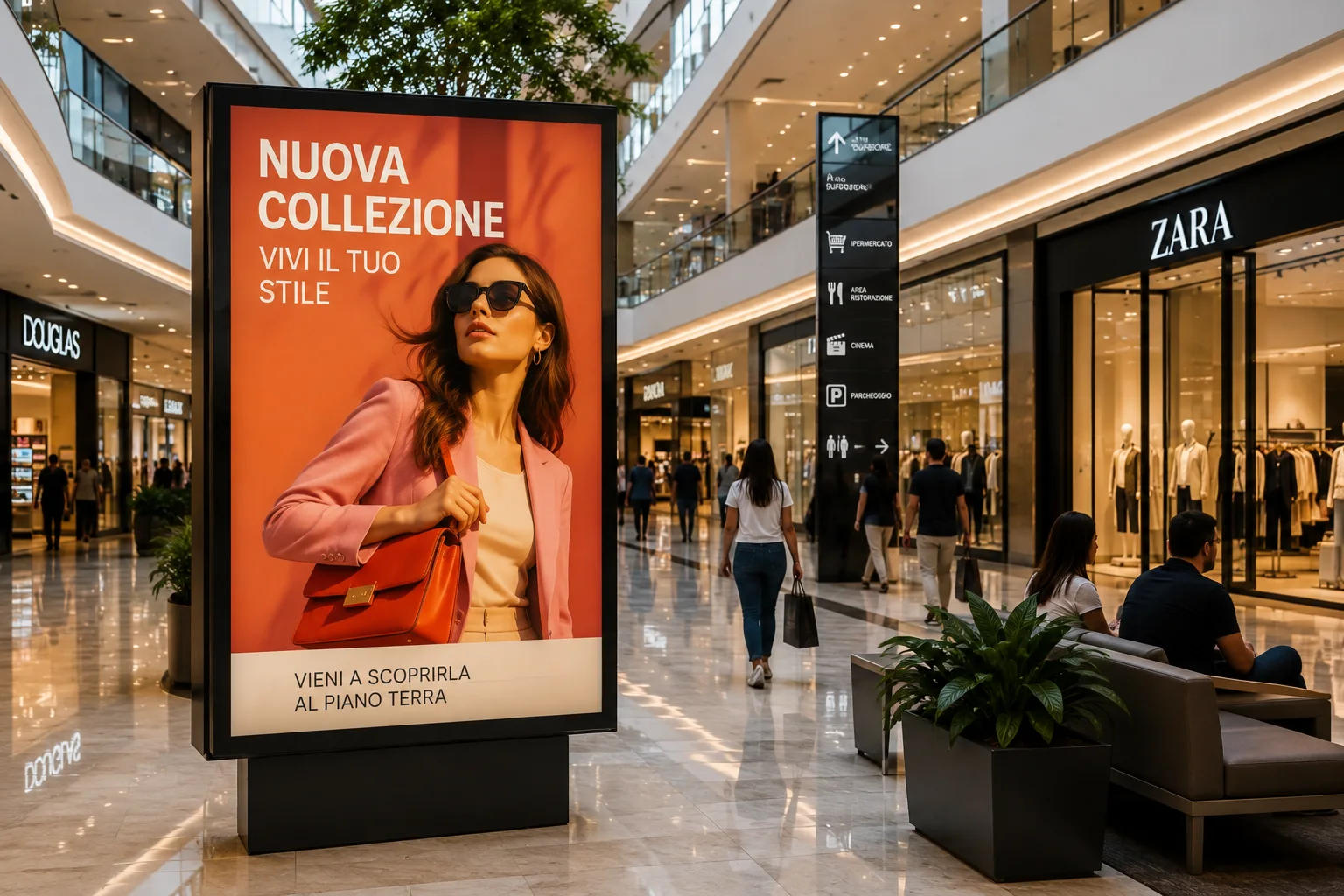 Impianto pubblicitario digitale all’interno di un centro commerciale