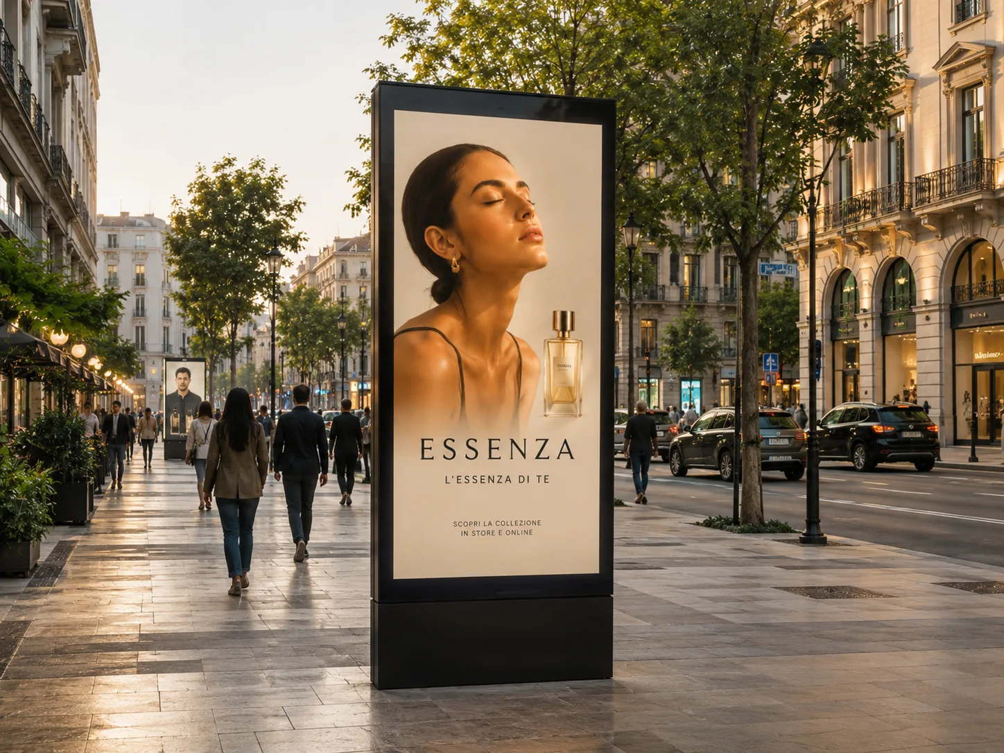 Totem digitale pubblicitario collocato in un’area urbana ad alta frequentazione