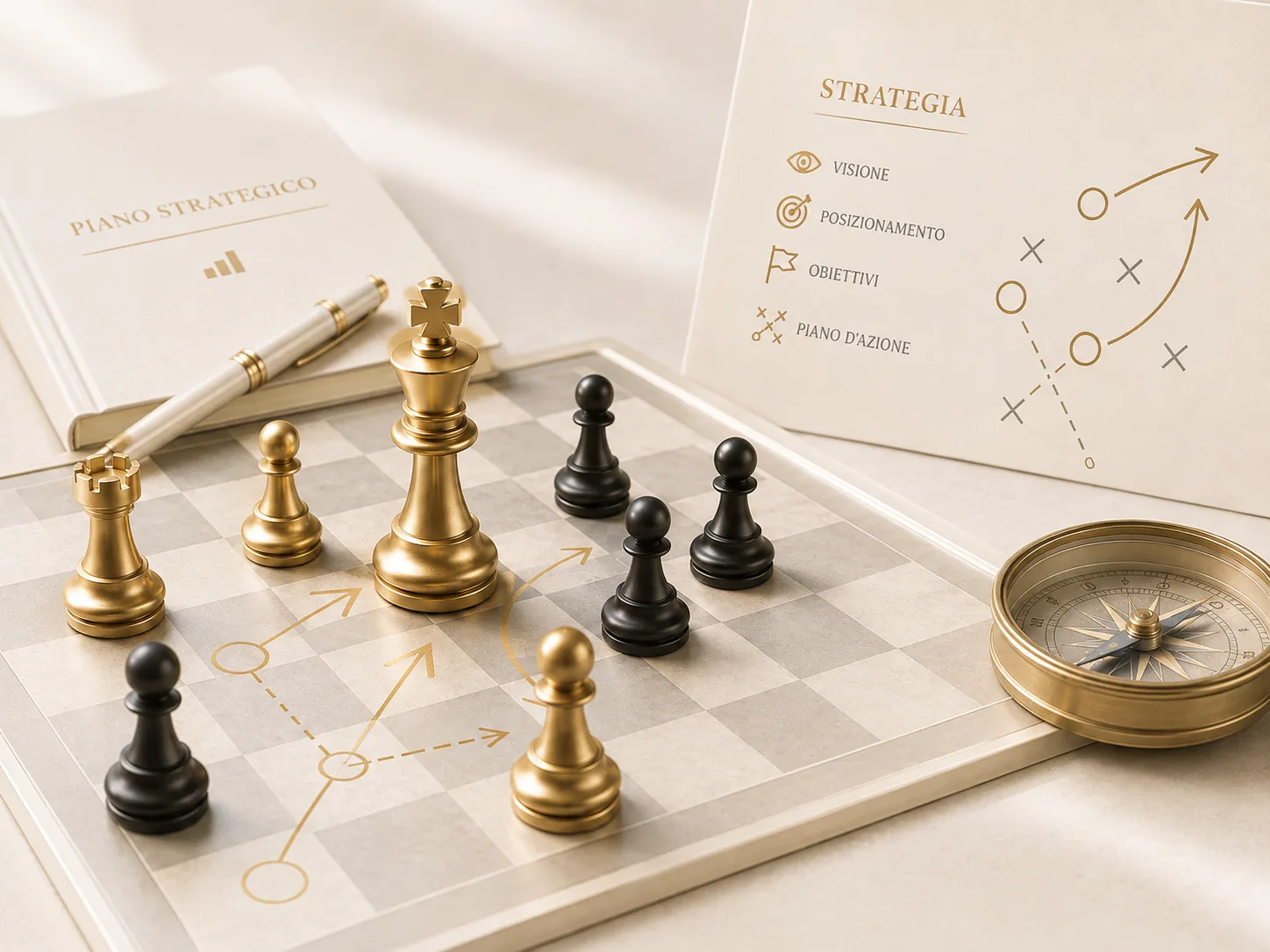 Strategia pubblicitaria rappresentata attraverso scacchi e pianificazione