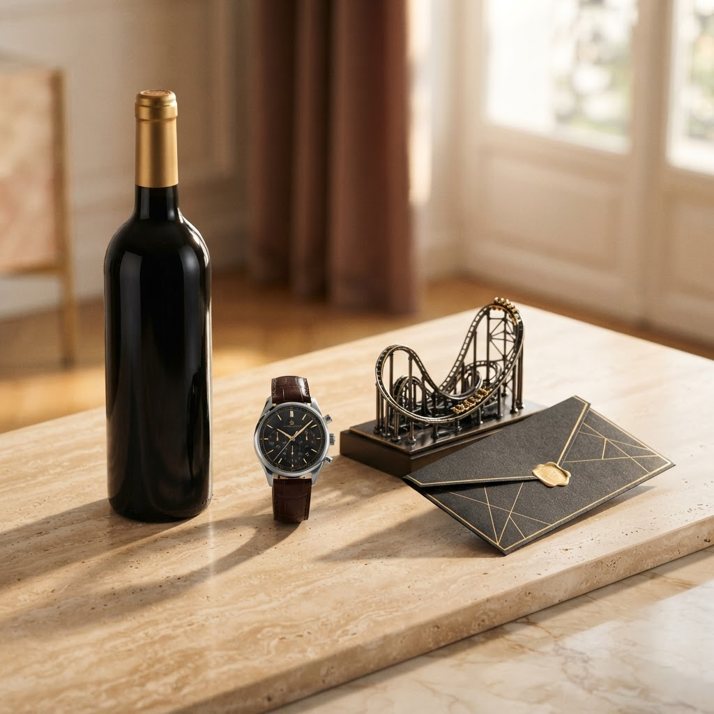 Composizione premium con vino, orologio e biglietteria: il cambio merce pubblicitario