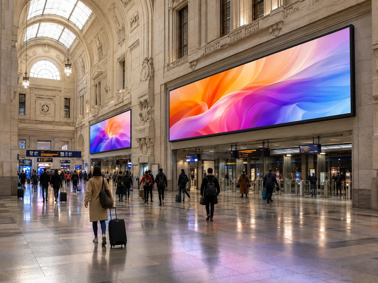 Grande ledwall pubblicitario in una stazione ferroviaria